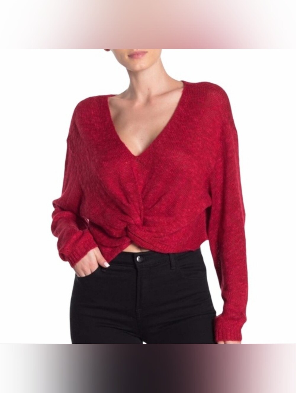 BCBGeneration Red Twist Knot Hem V-Neck Cropped Sweater S